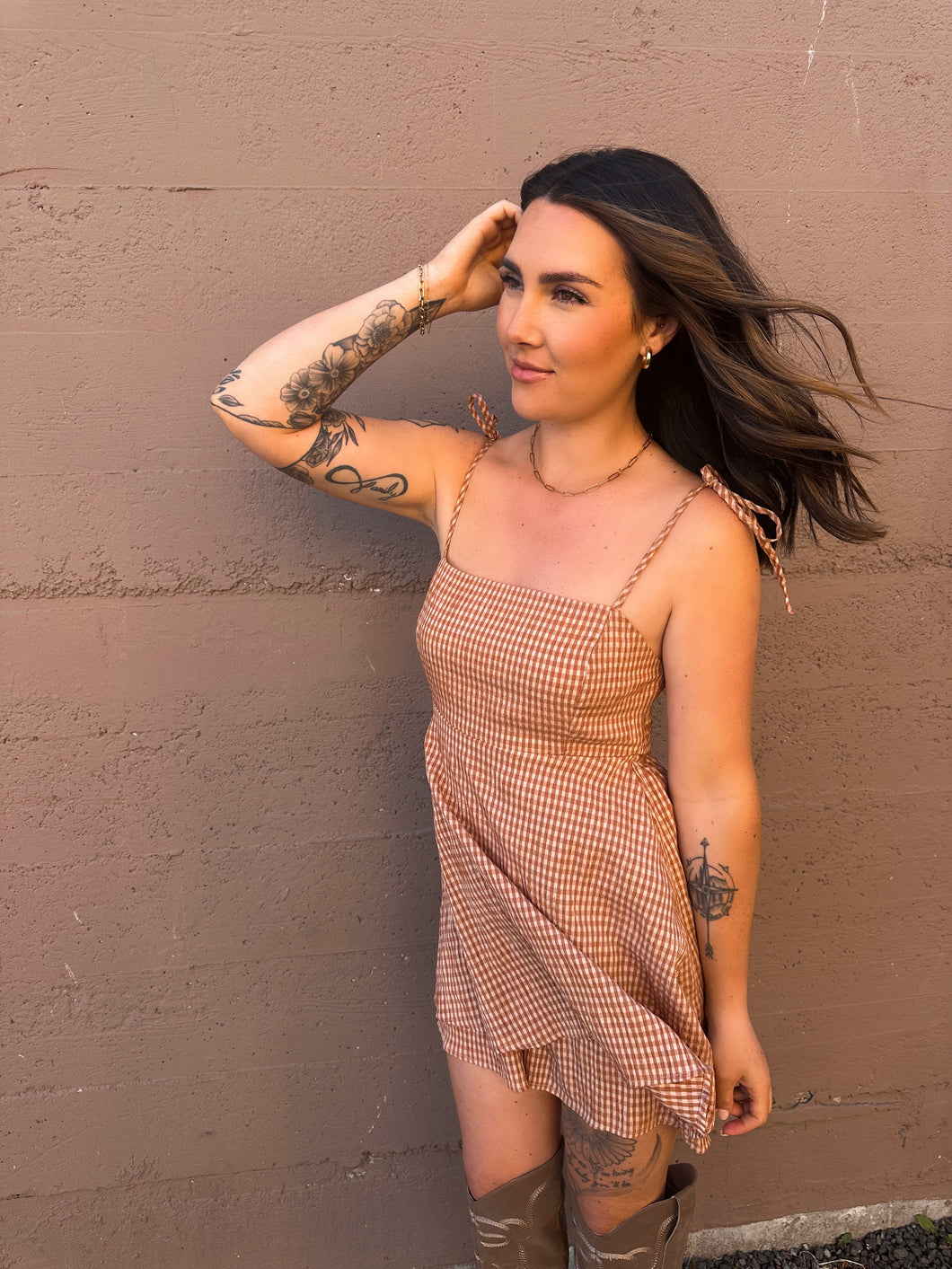 Peach Bourbon Gingham Romper