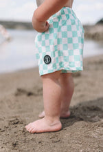 Load image into Gallery viewer, Mini Dude Checkered Swim Trunks Aqua
