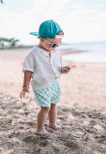 Load image into Gallery viewer, Mini Dude Checkered Swim Trunks Aqua
