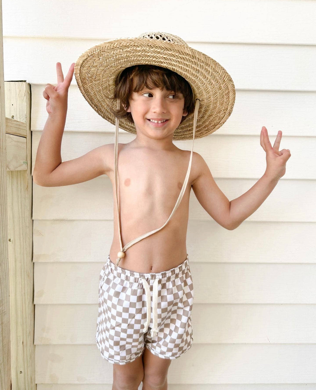 Mini Dude Checkered Swim Trunks Mocha