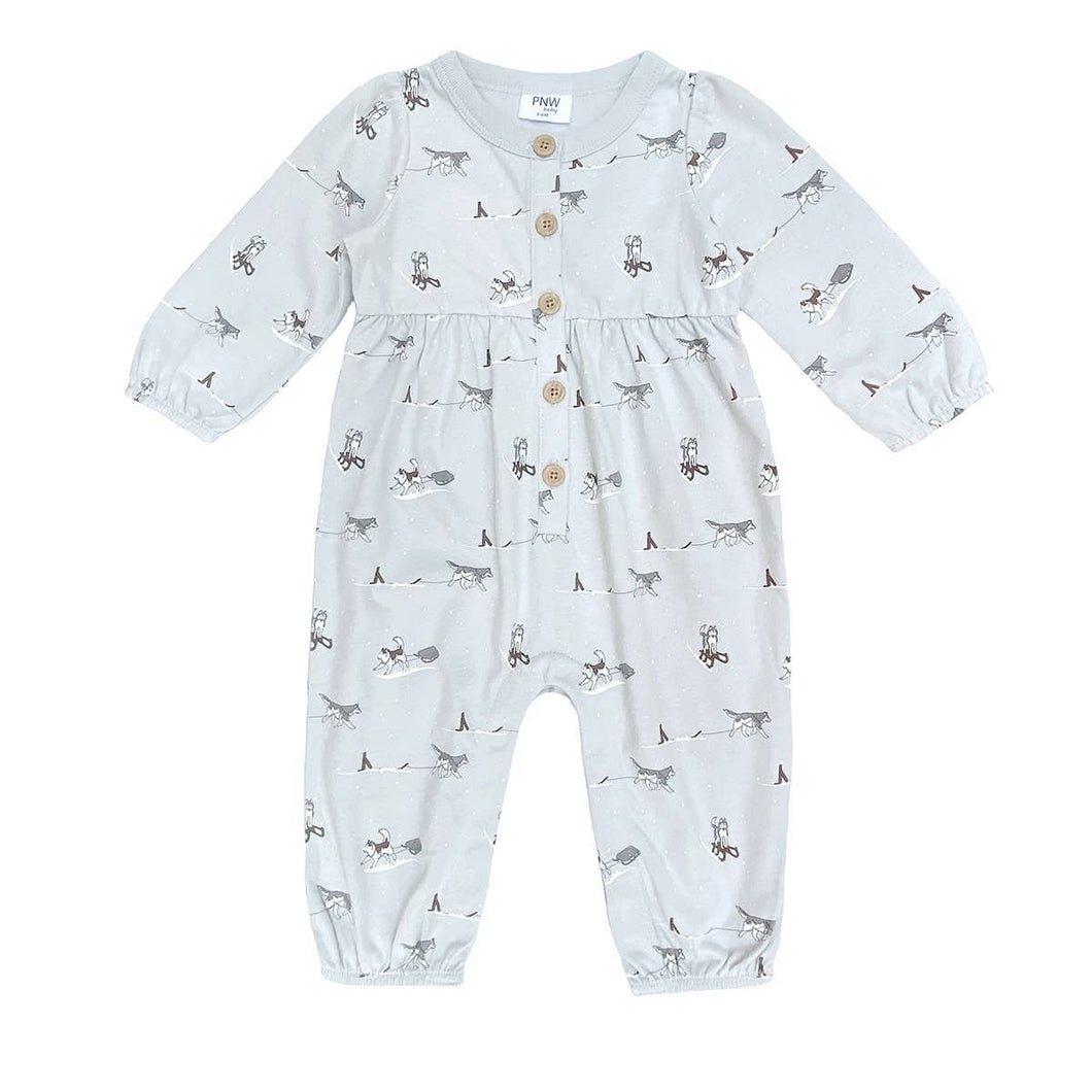 PNW Baby Gathered Button Romper- Huskies