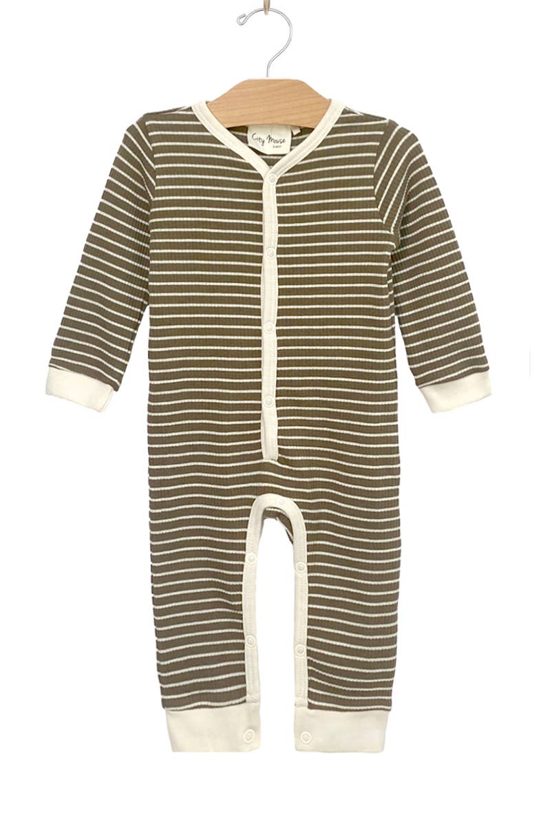 Olive Stripe Snap Long Romper